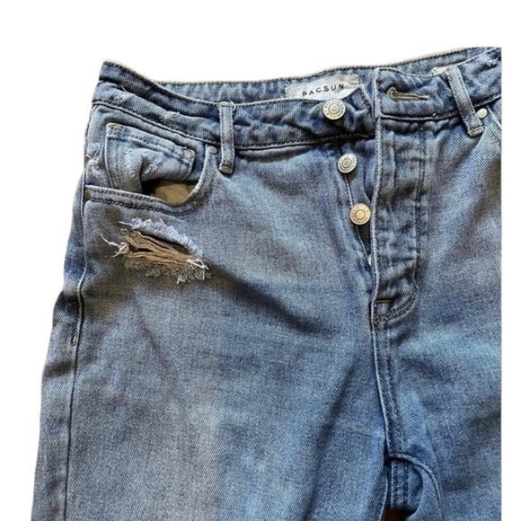 ✨3/$20✨ PacSun Distressed Cropped Blue Mom Jeans. Straight Leg. Button Fly. 25 - Picture 2 of 10